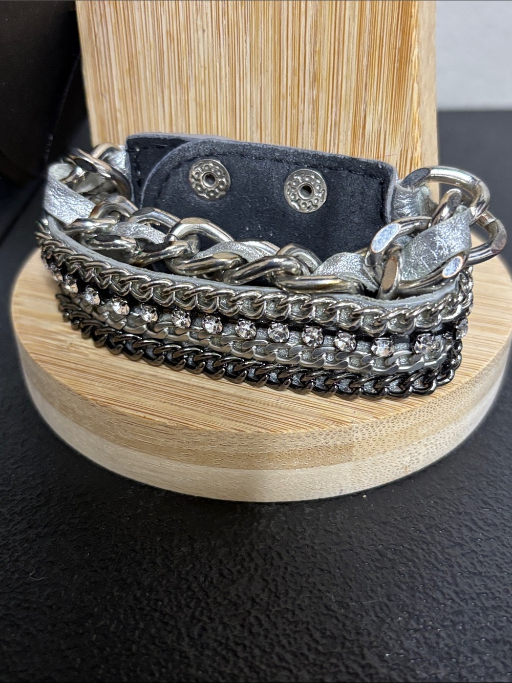 Rocker Silver-Tone Multi-Chain Bracelet with Crystal Row Leather